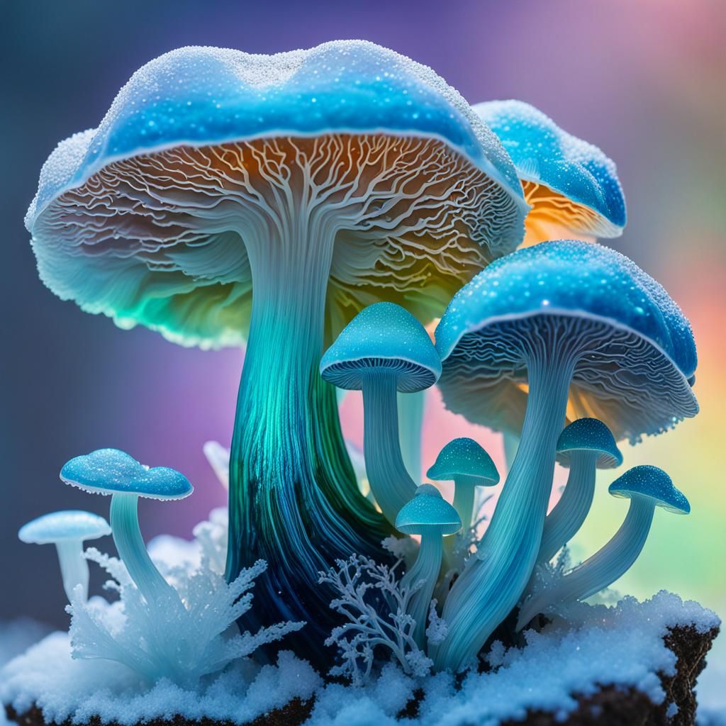 Giant Opal Mycena Mushroom Cluster in Splash Art Style