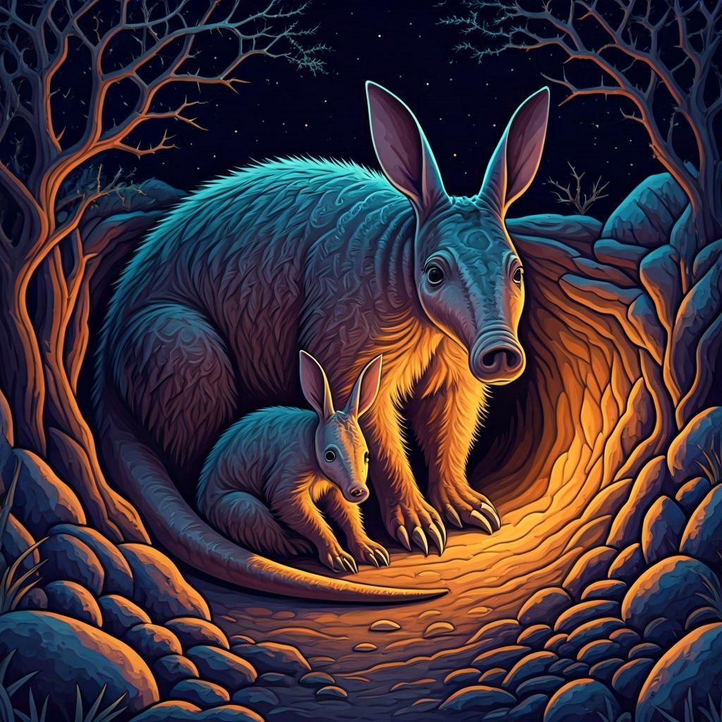 Aardvark Family Burrow Under Starry Sky, Gouache Style