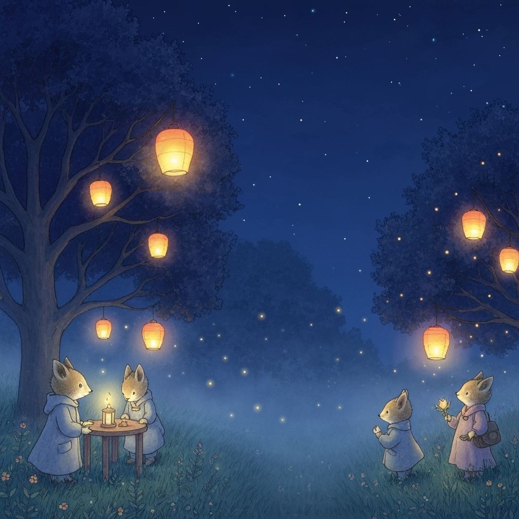 Whimsical Lanterns in Indigo Night Sky With Gentle Mist