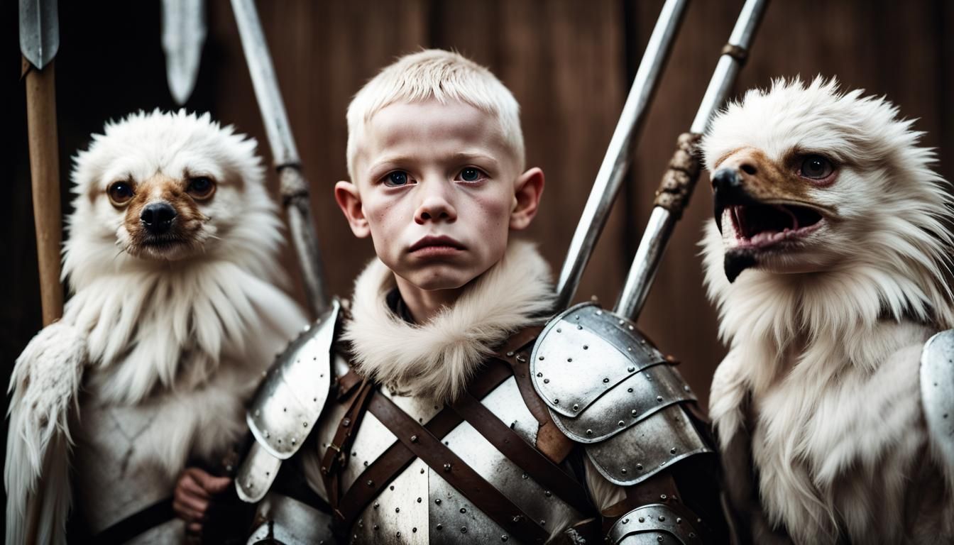 Albino Hawk-Man Child Portrait in Medieval Barracks