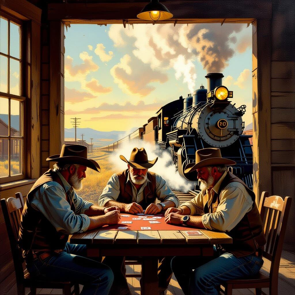 Cowboys Play Poker in Old West Train Station