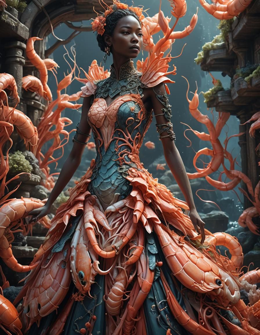 Shrimp-Inspired Dress: Detailed Fantasy Concept Art