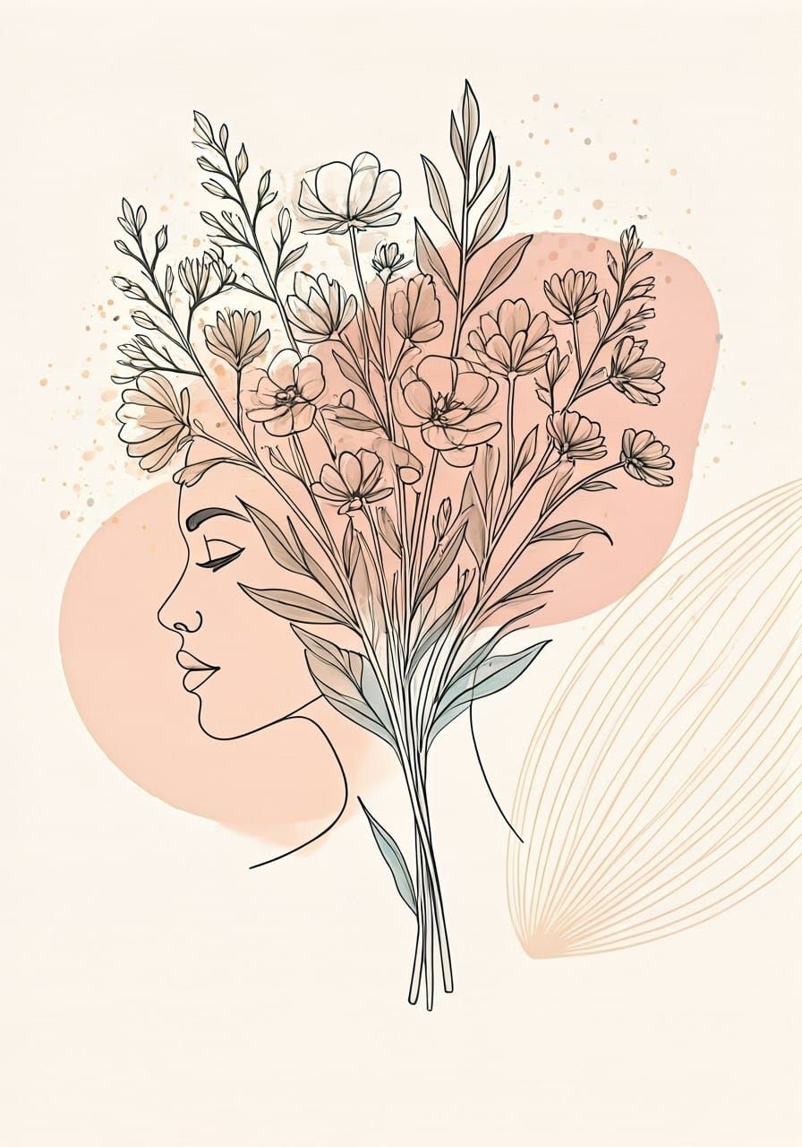 Woman in Elegant Japanese-Inspired One-Line Drawing with Wil...