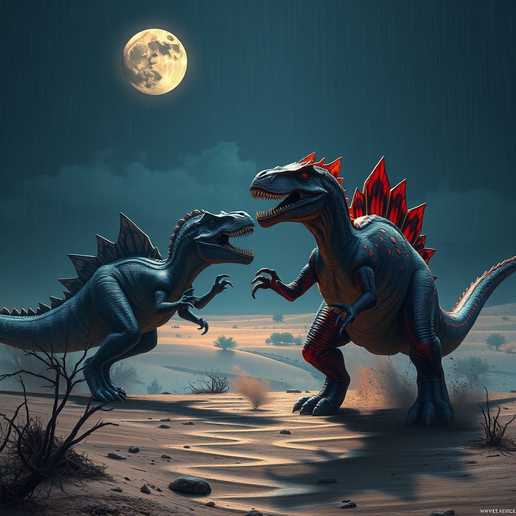 Surreal Desert Duel in Dark Night with Glowing Moon