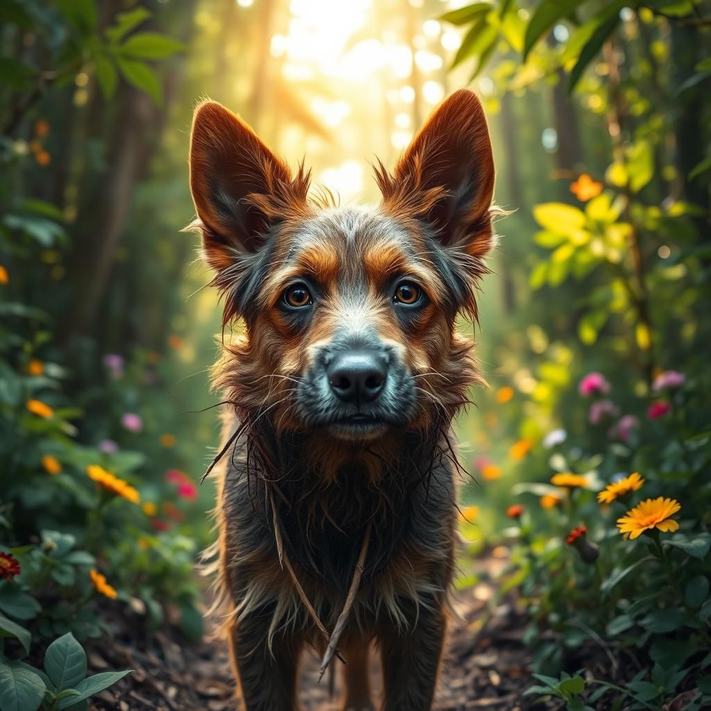 Lost Dog in Forest, Hyperrealistic Concept Art