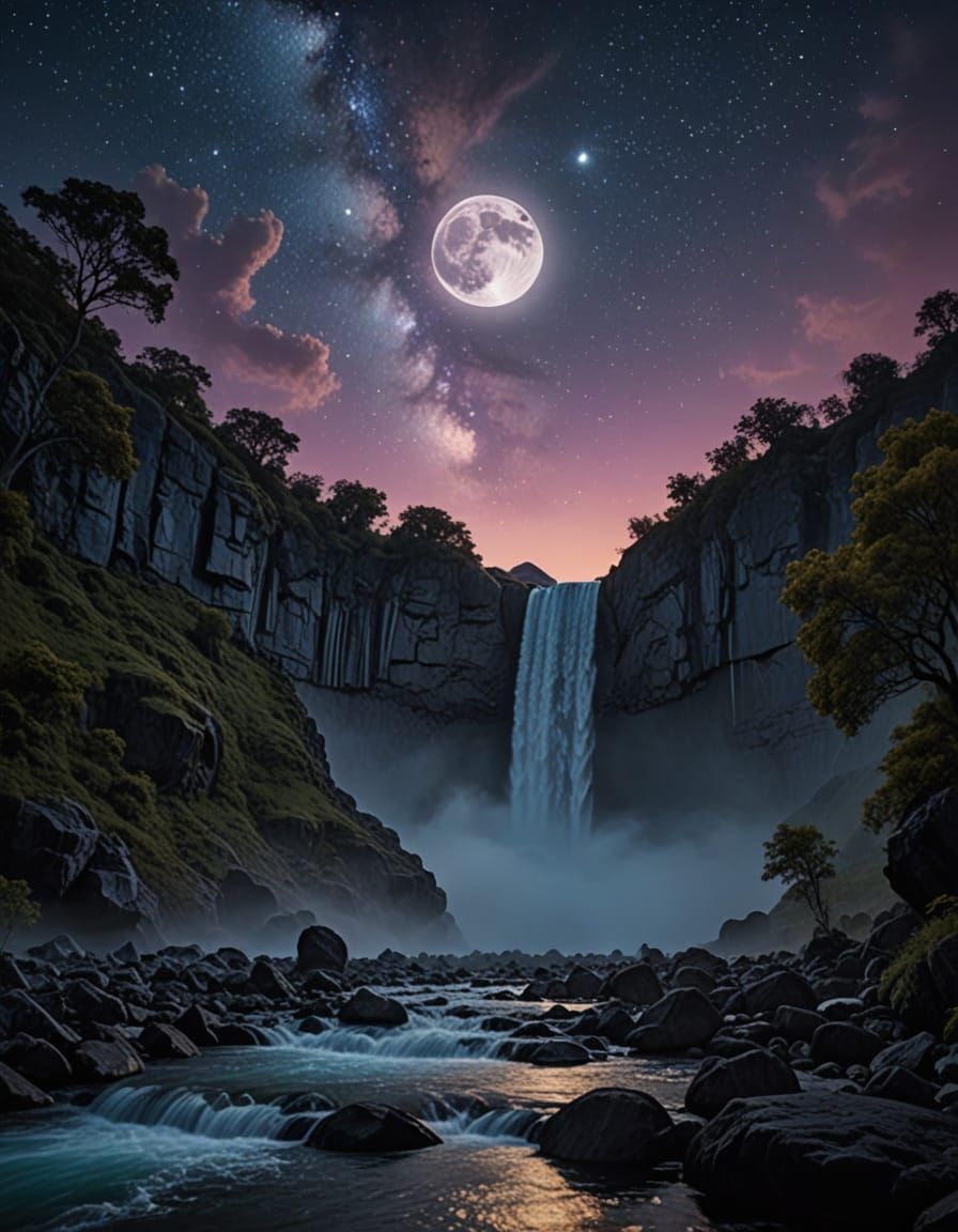 Moonrise Over Waterfall in Digital Matte Painting Style