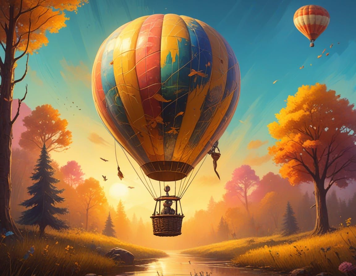 Whimsical Woodland Creature with Hot Air Balloon in Fauvist ...