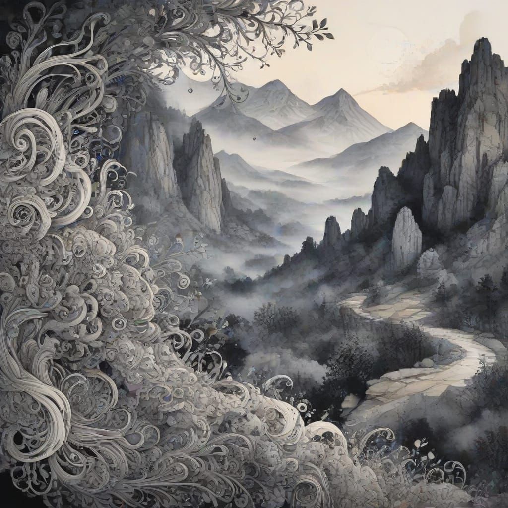 Ethereal Watercolor Ruins with Zentangle Patterns