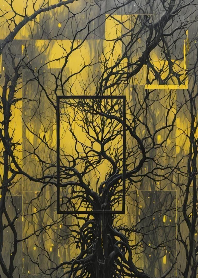 Surreal Tree Branches with Yellow Rain in Dark Style