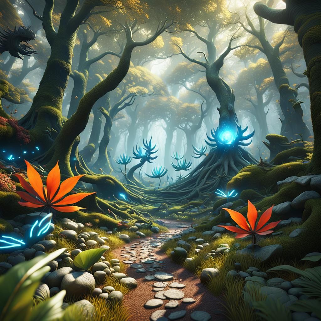 Pokémon Battle in Ancient Forest, Fantasy Art
