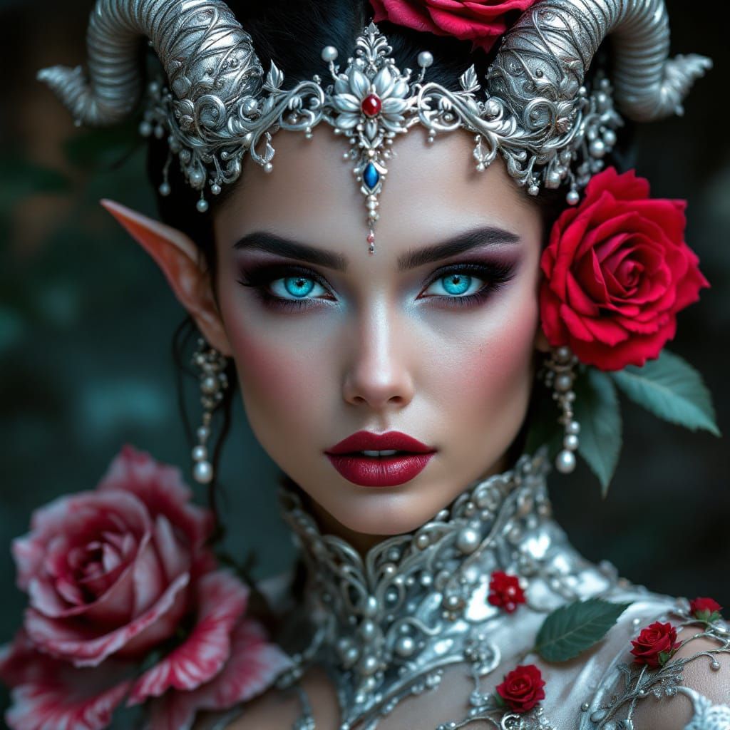 Ethereal Woman Portrait with Floral Silver Horns