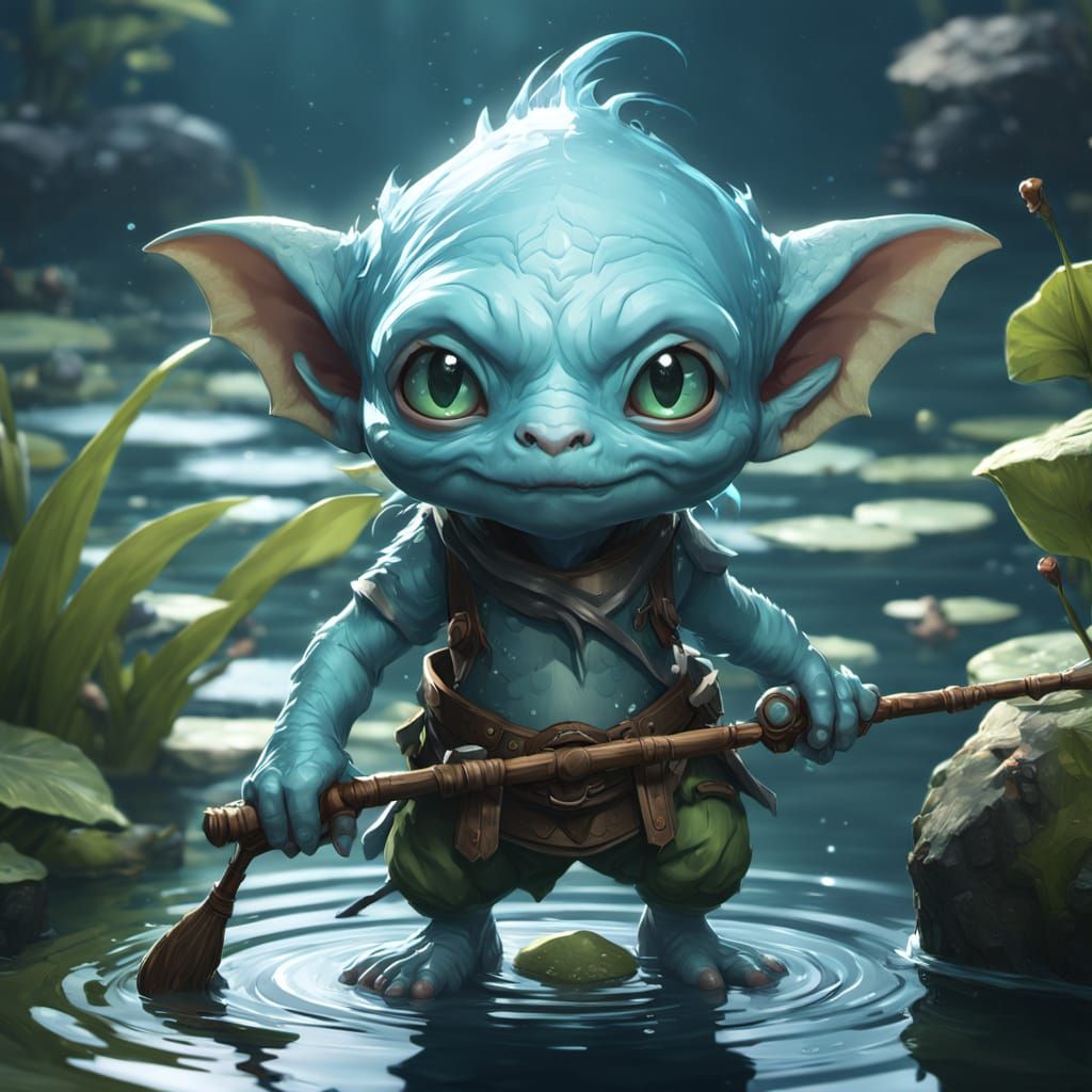 Blue Goblin Child Fishing, Digital Art Portrait