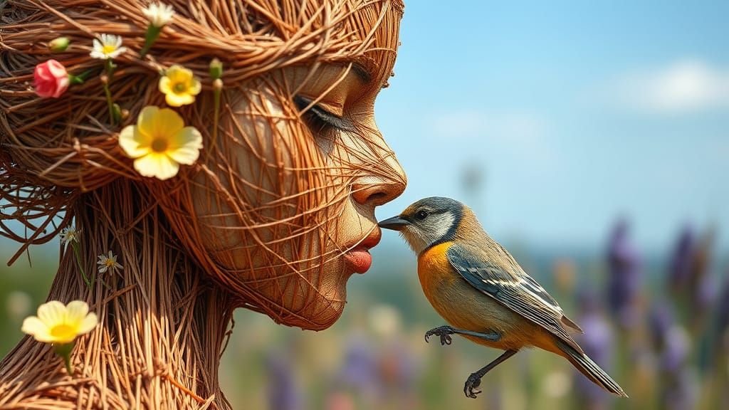 Woman of Strings Kissing Bird: Eco-Art Portrait