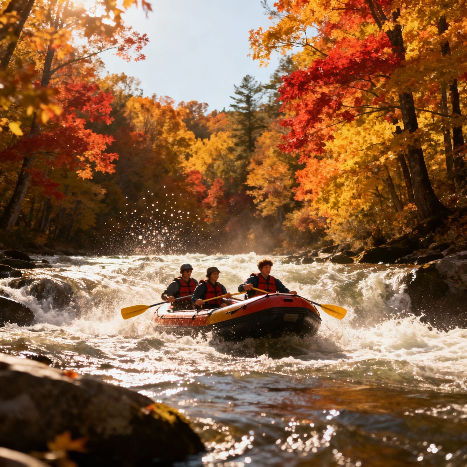 Autumn Forest Rapids With Adventurous Rafting