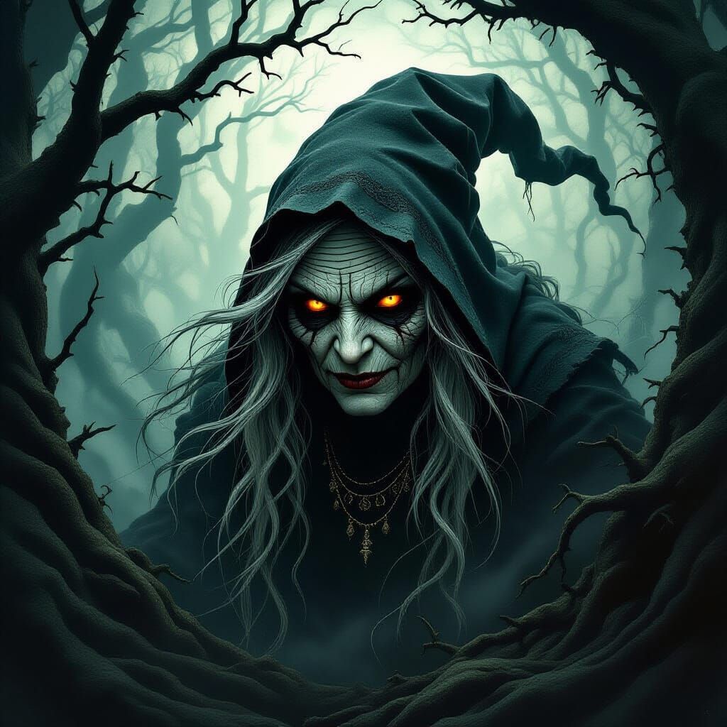 Horrifying Baba Yaga in Dark Forest, Realistic Style