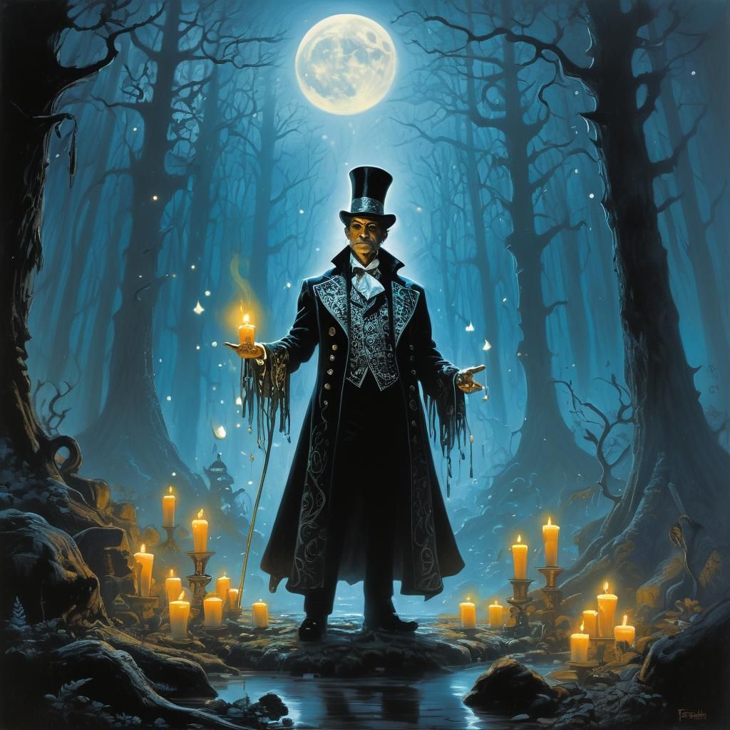 Magical Sorcerer Stands in Enchanted Forest