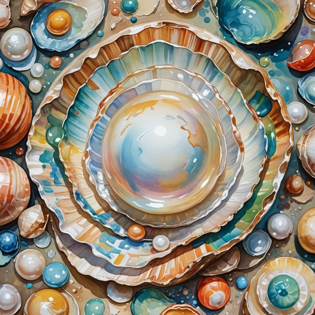 Lustrous Pearl in Shell as Gouache Watercolor