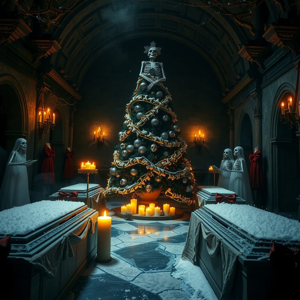 Eerie Christmas Crypt with Skeletal Tree and Undead Carolers