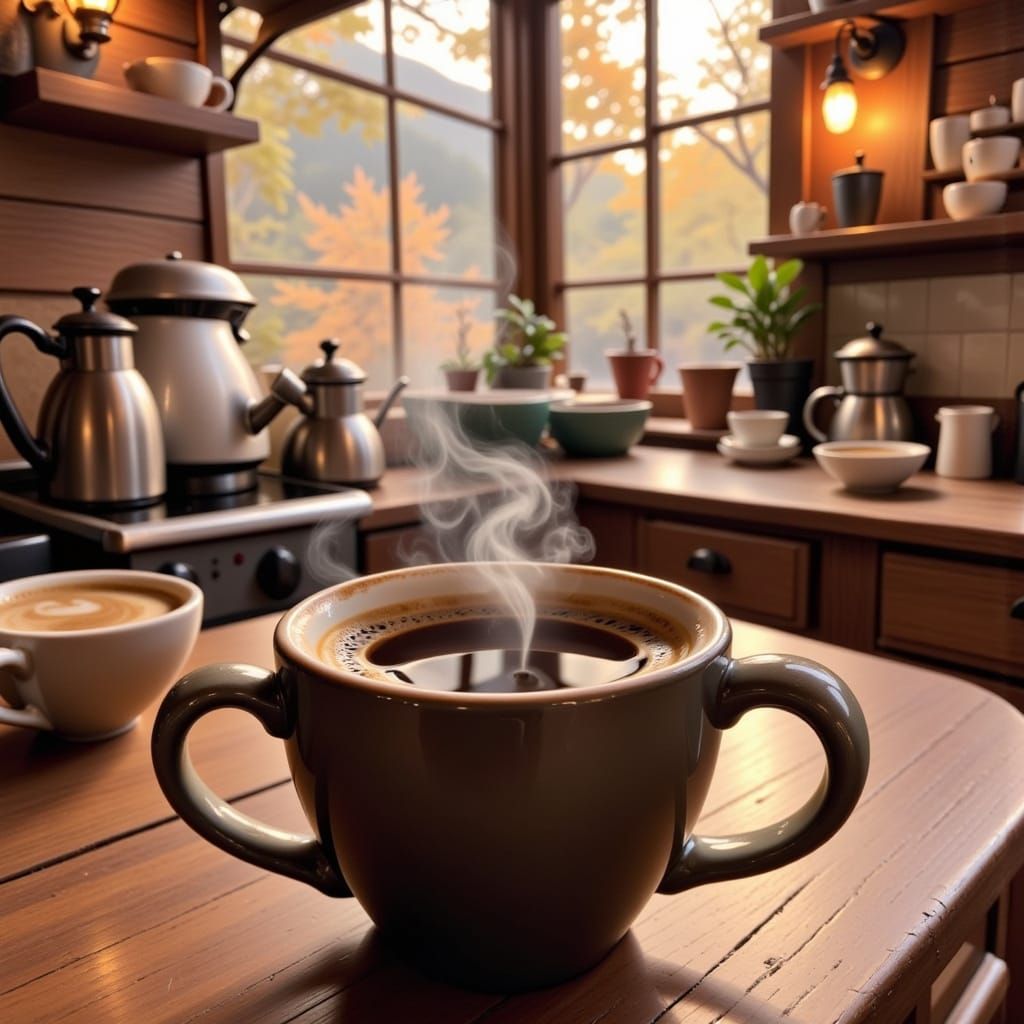 <lora:Coffee Mania Fx:1.0> coffee mug, the coffee is smoking. Background kitchen