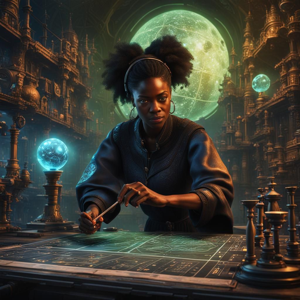 Detailed Matte Painting of Black Woman Doing Science
