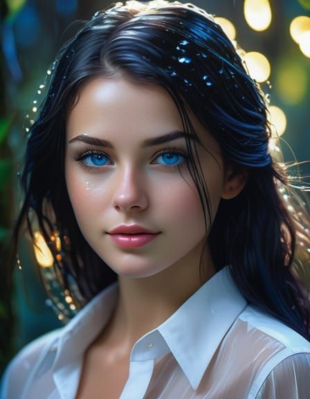 Beautiful Girl in Magical Forest with Colorful Lights