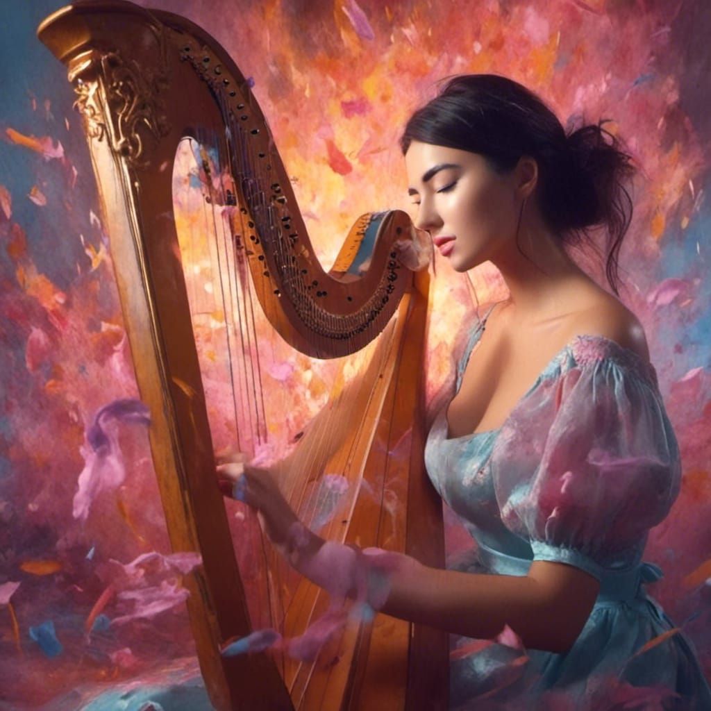 Musician's Harp: A Cinematic Fantasy Oil Painting