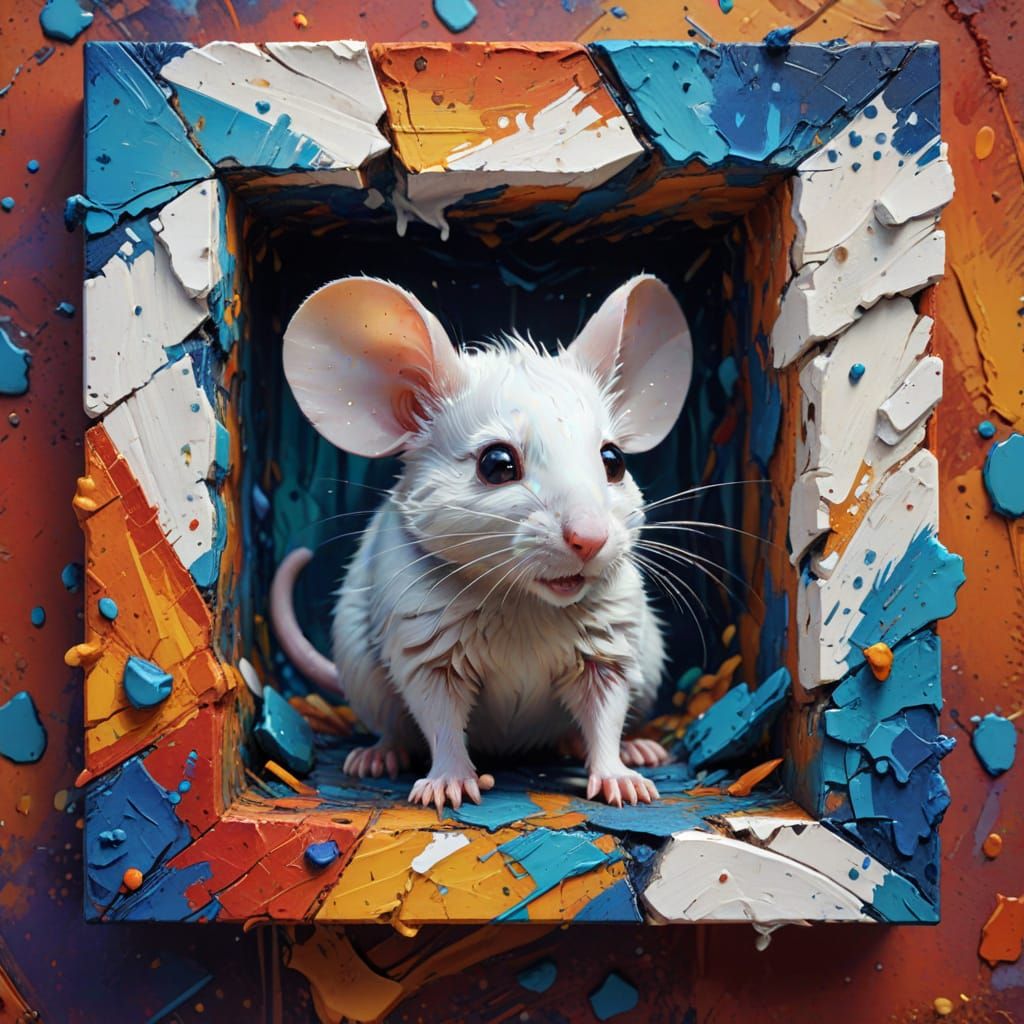Whimsical Neo-Impressionist Mouse Emerge from Striped Square