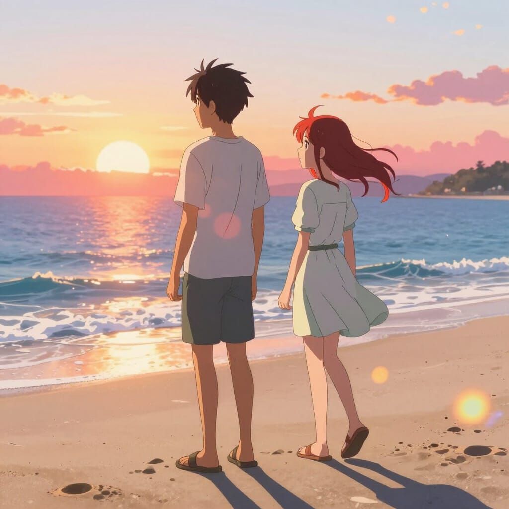 Anime Couple on Sun-Drenched Beach at Sunset