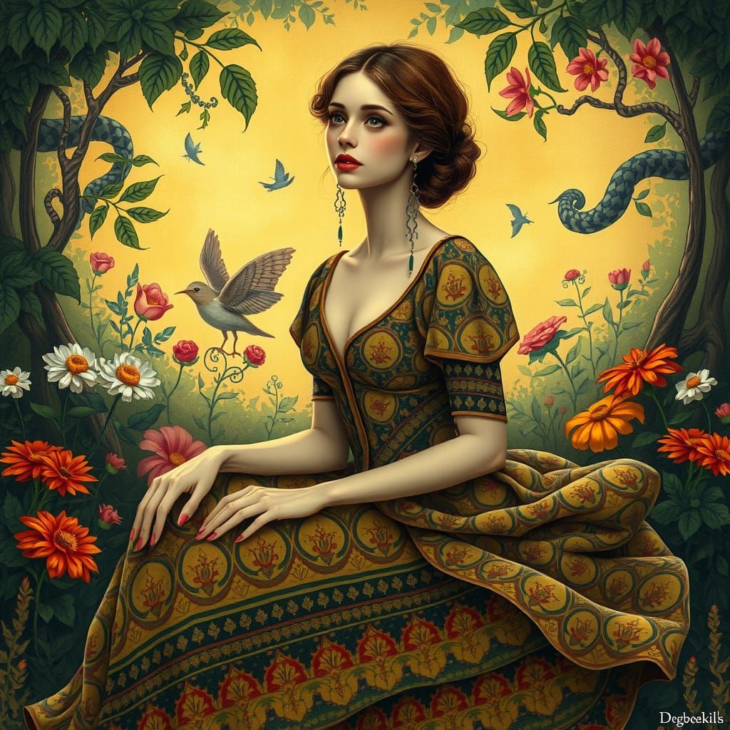 Elegant Woman in Whimsical Garden, Blending Klimt, Sendak, a...