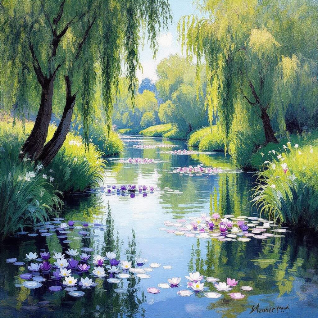 Impressionistic River Landscape With Taiflower Blossoms and ...