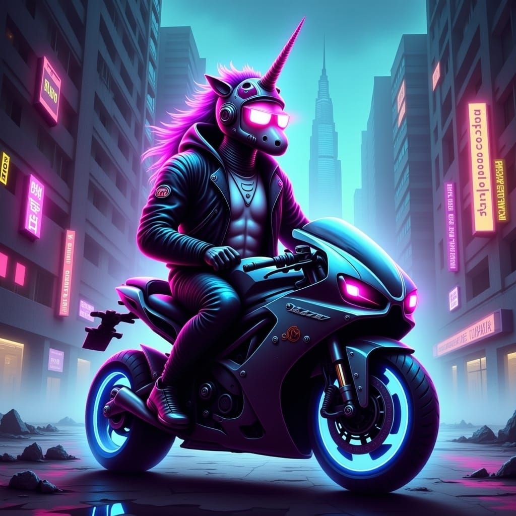 Cyberpunk Unicorn on Motorcycle, Guweiz Style