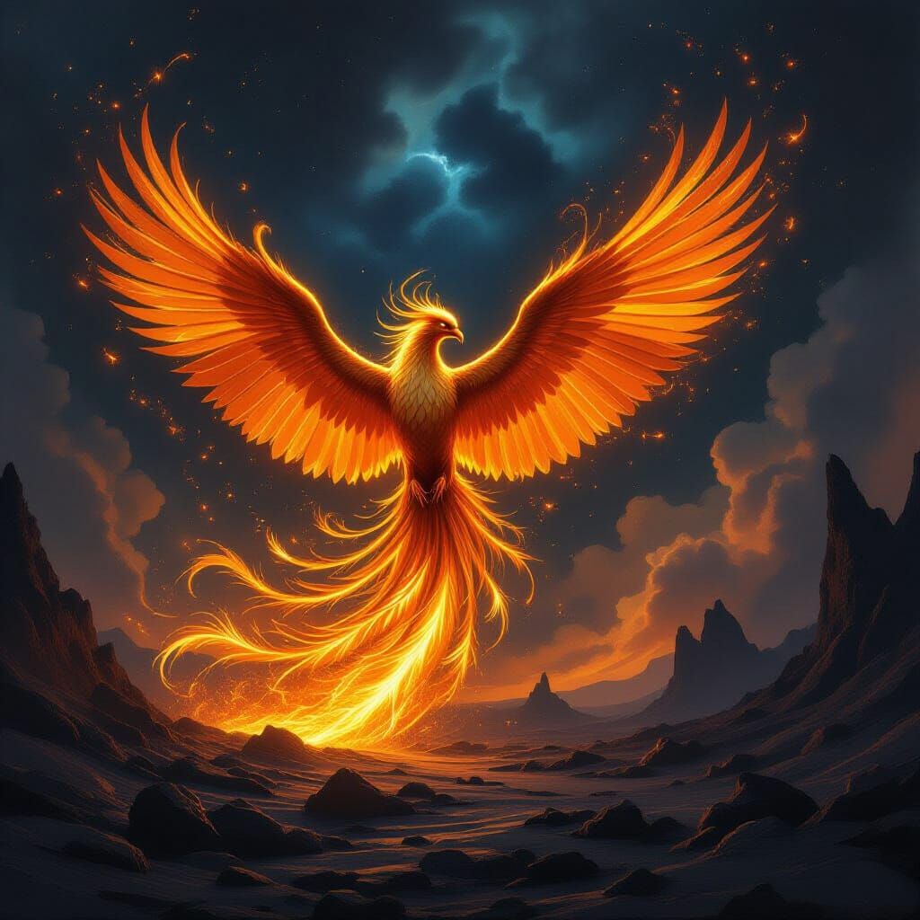 Majestic Phoenix of Gold and Embers Rises from Obsidian