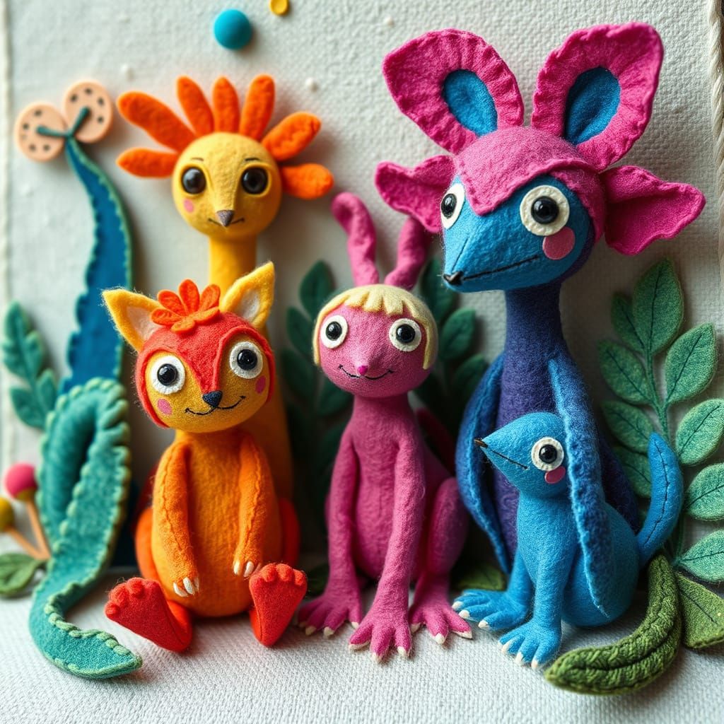 Vibrant Felt Creatures in Mixed Media Style