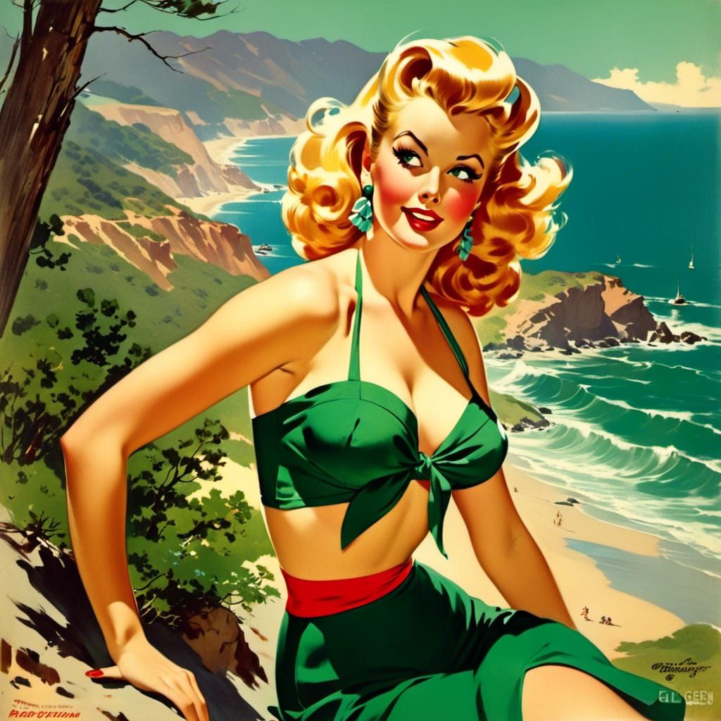 Vintage Pin-Up Girl on Ocean Shore