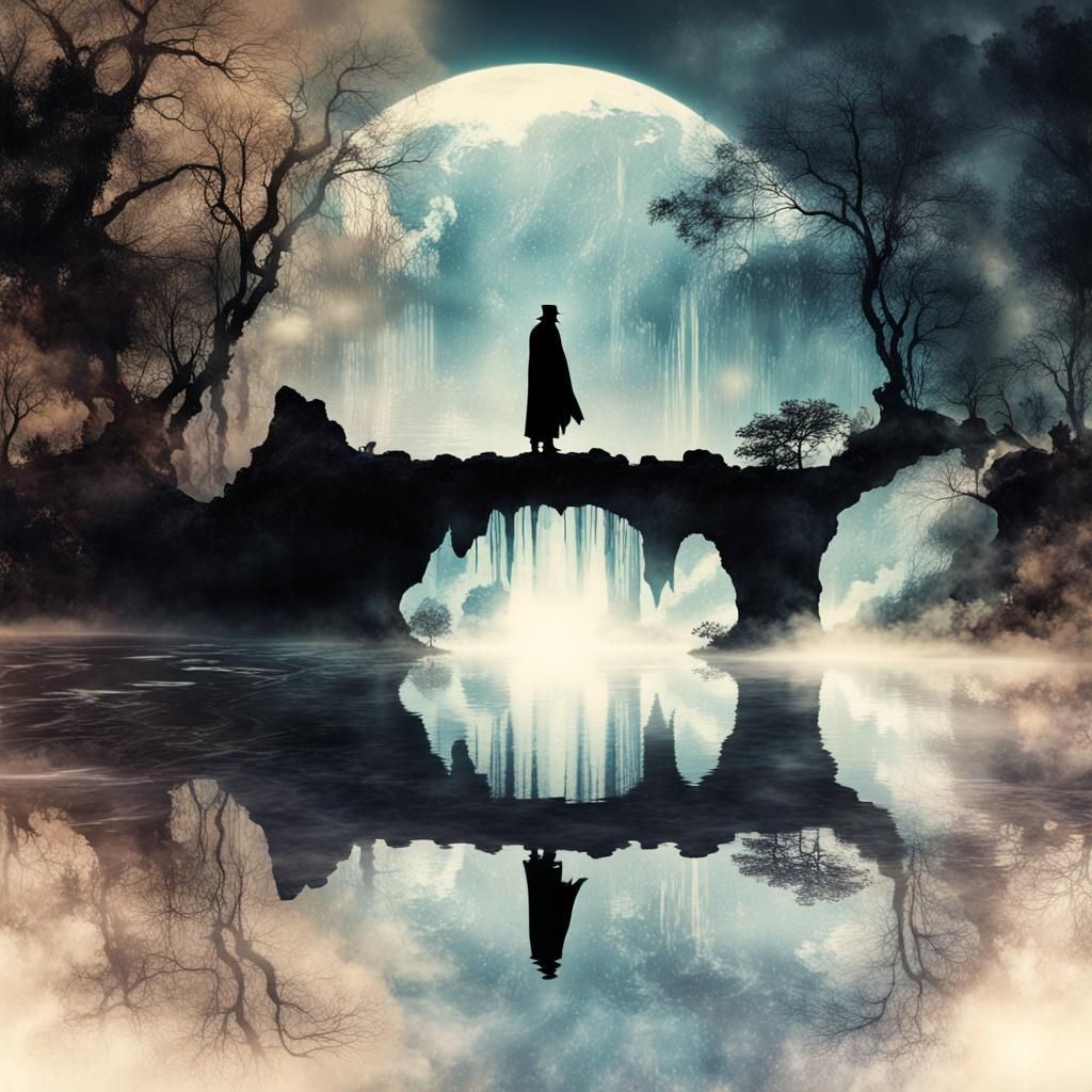 Ethereal Reflections in Fantasy Landscape, Ink Art Style