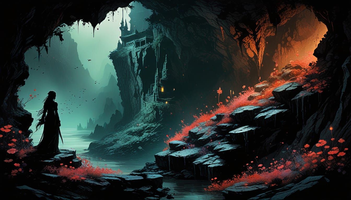 Mysterious Cave Entrance in Darkly Romantic Style