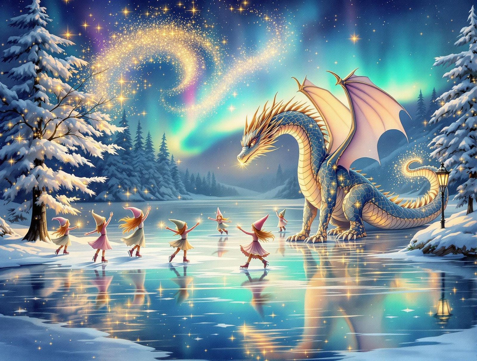 Winter Wonder: Elven Ice Skaters with Majestic Dragon