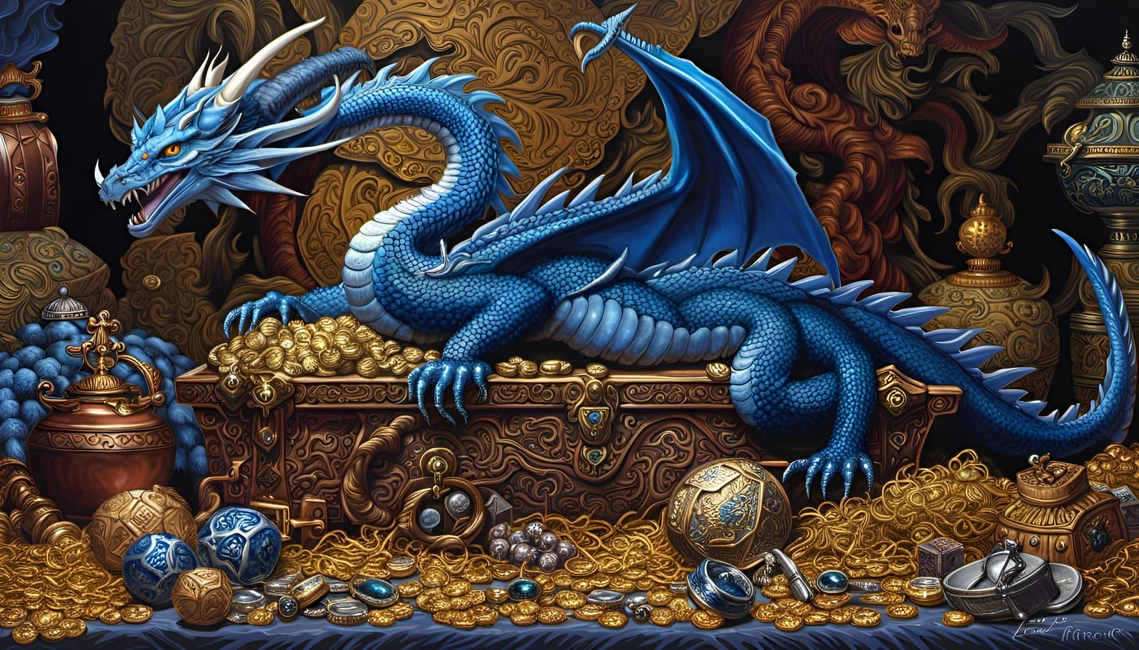 Blue Dragon on Treasure Pile in 90s Fantasy Art