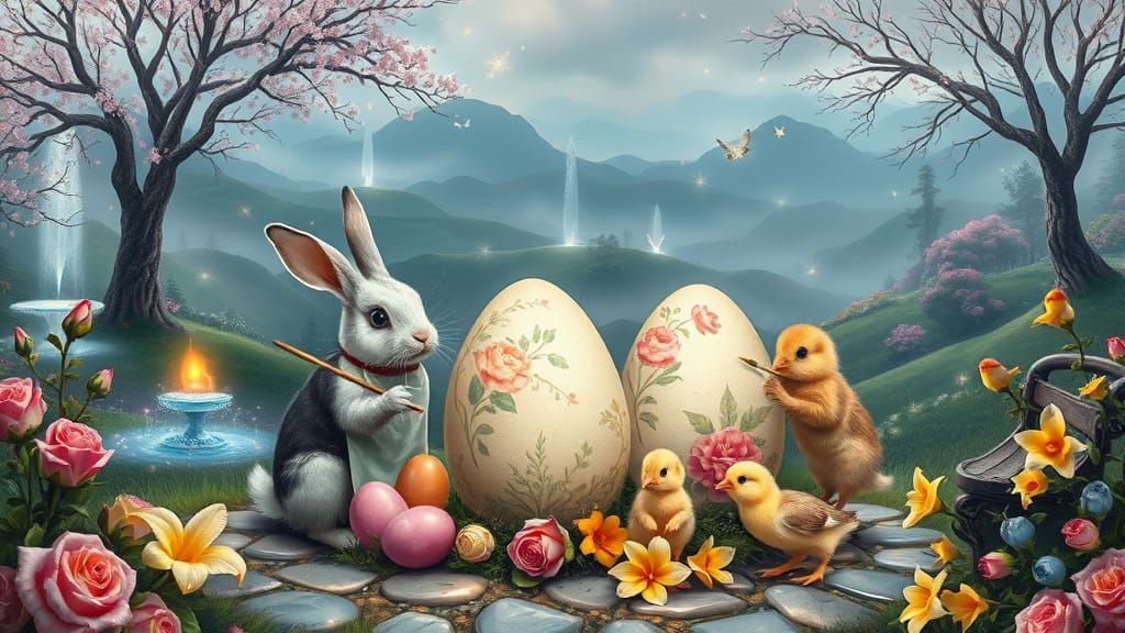 Rabbits Painting Easter Eggs in Fairytale Garden