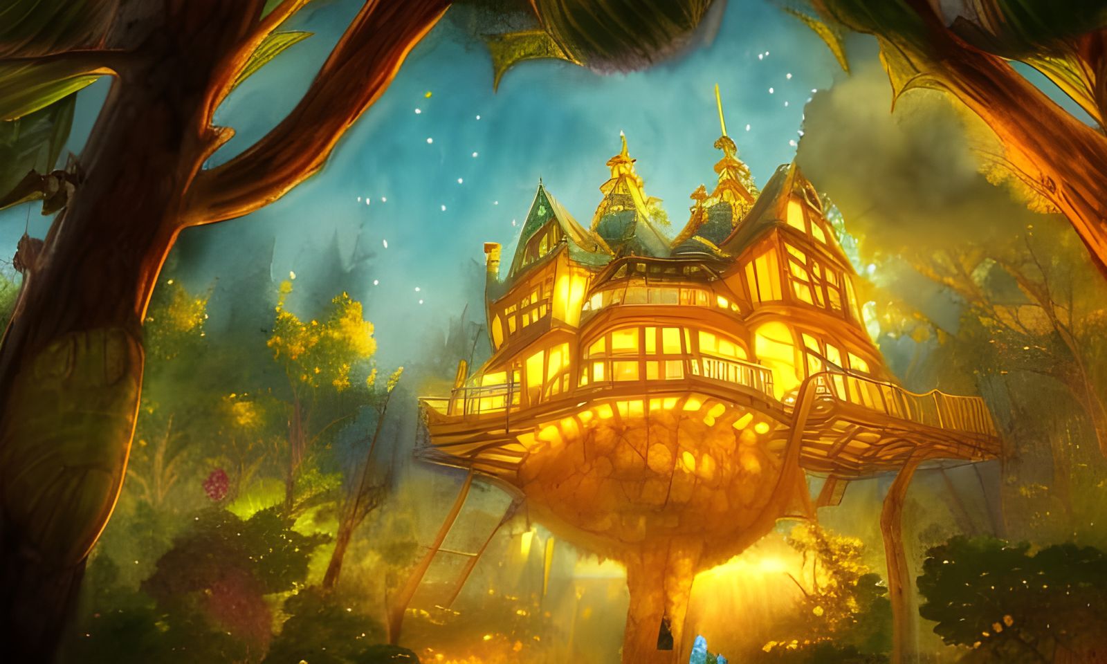 Golden Light Illuminates Honey-punk Treehouse Mansion