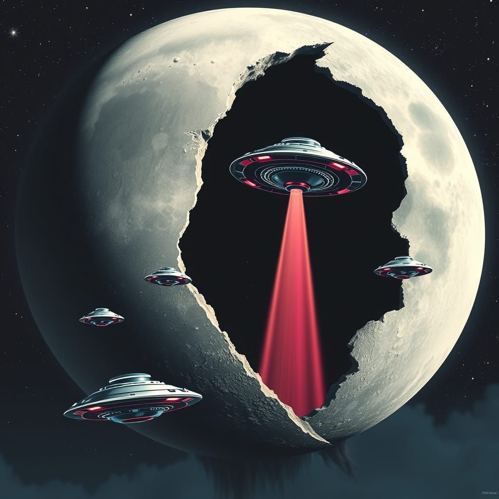 UFOs Emerge from Moon in Comic Book Style