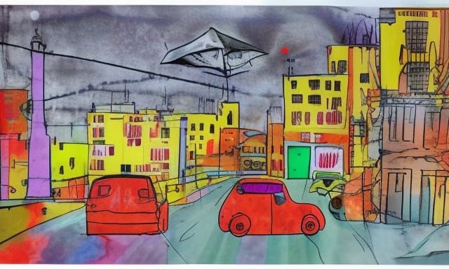 Crowded Cityscape in Mixed Media Collage