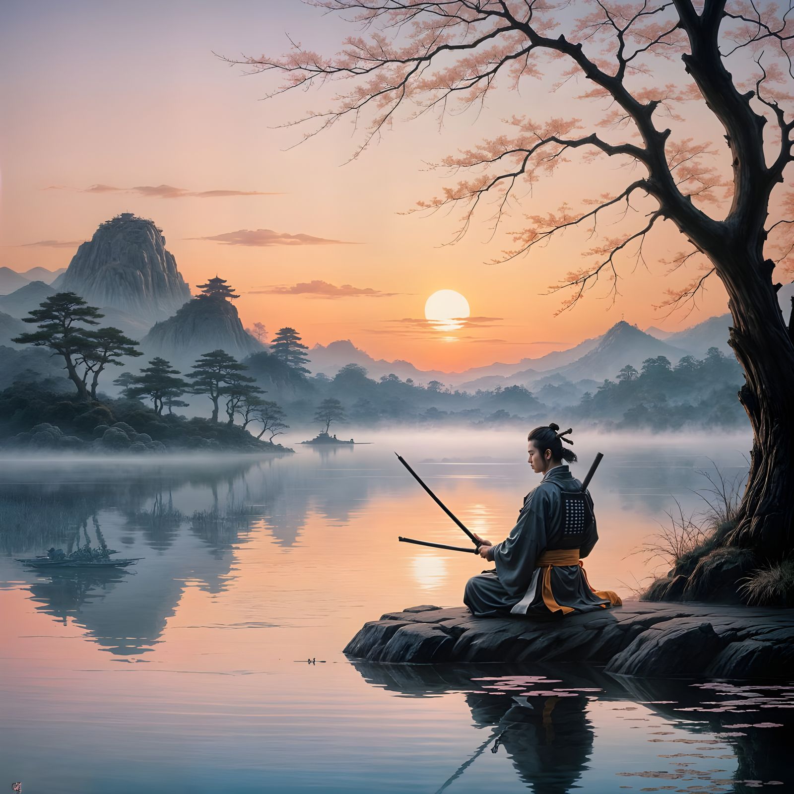 Samurai Finds Inner Peace Practicing Calligraphy at Dawn