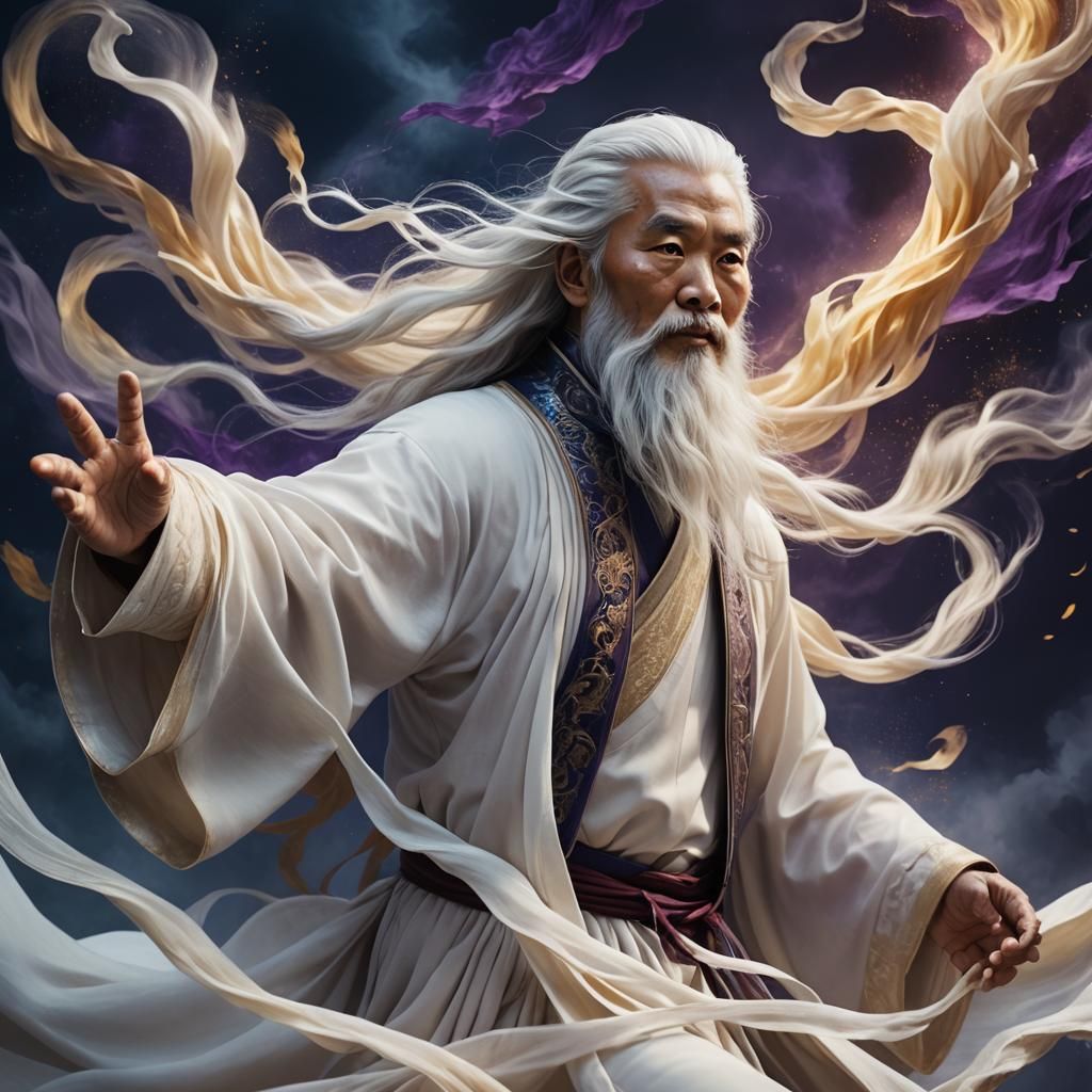 Chinese Immortal Soaring in a Dramatic Fantasy Landscape