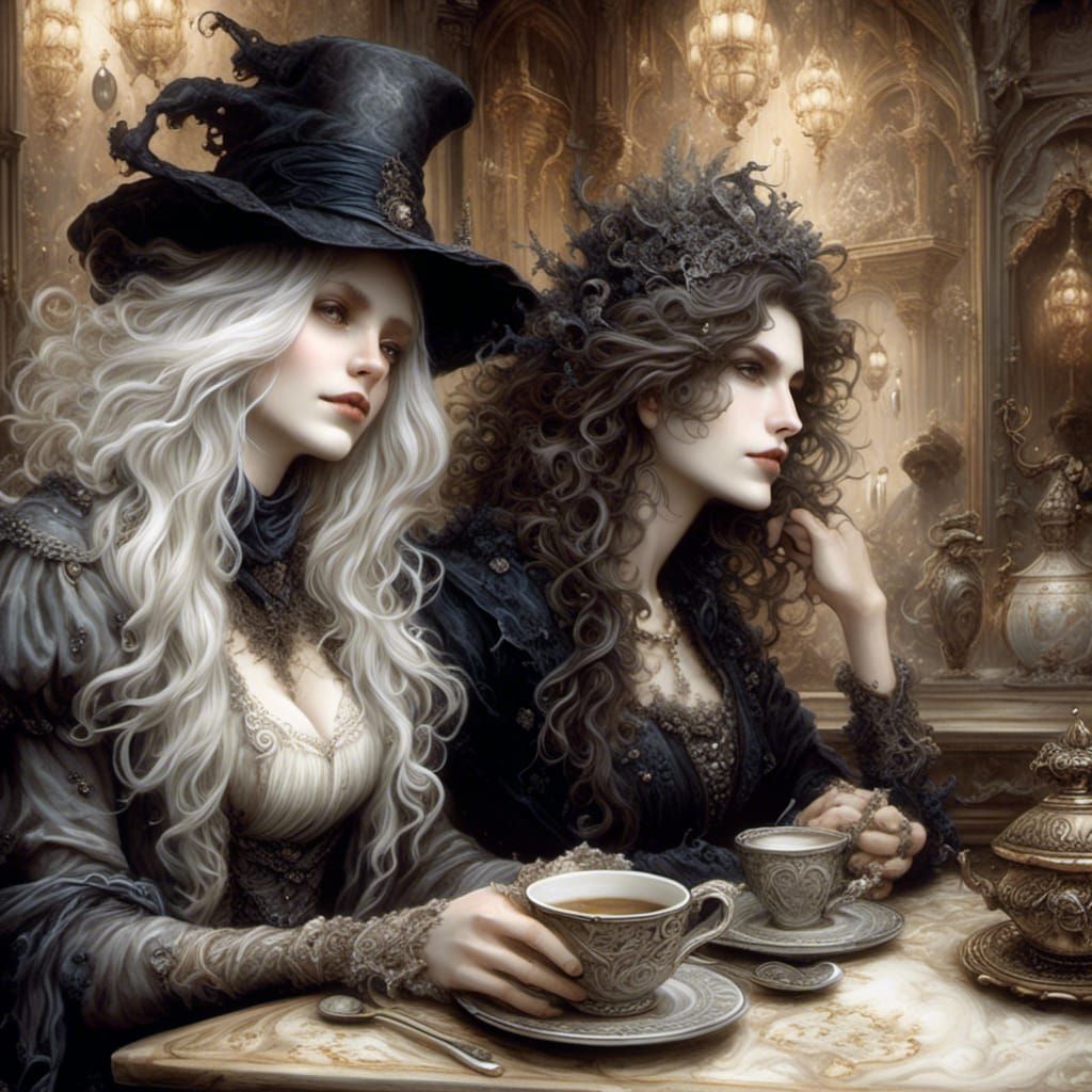 Wizards and Witches in Cafe: Watercolor Illustration