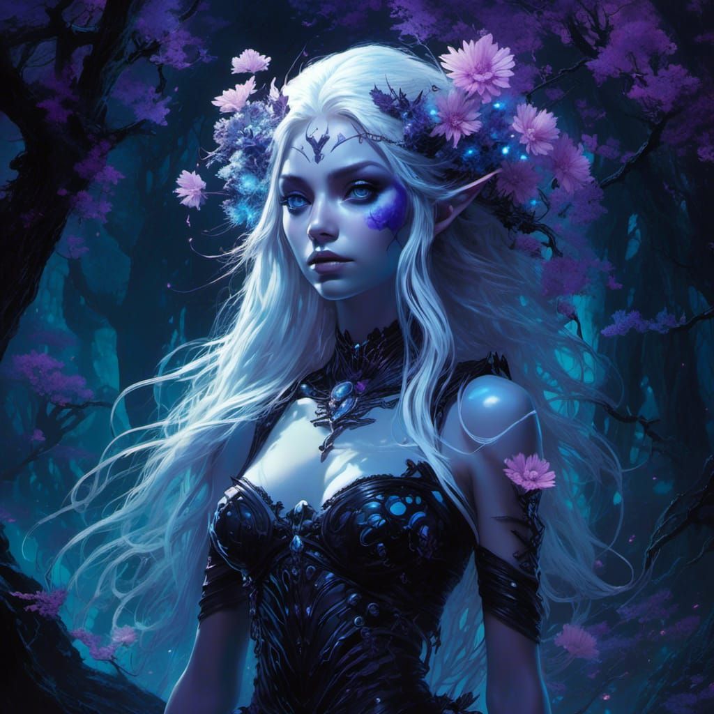 Onyx Elf with Bioluminescent Hair in Dark Forest