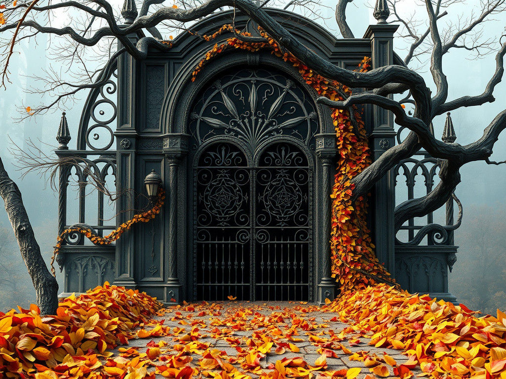 Gothic Portal in Autumn Mist, Fantastical Concept Art