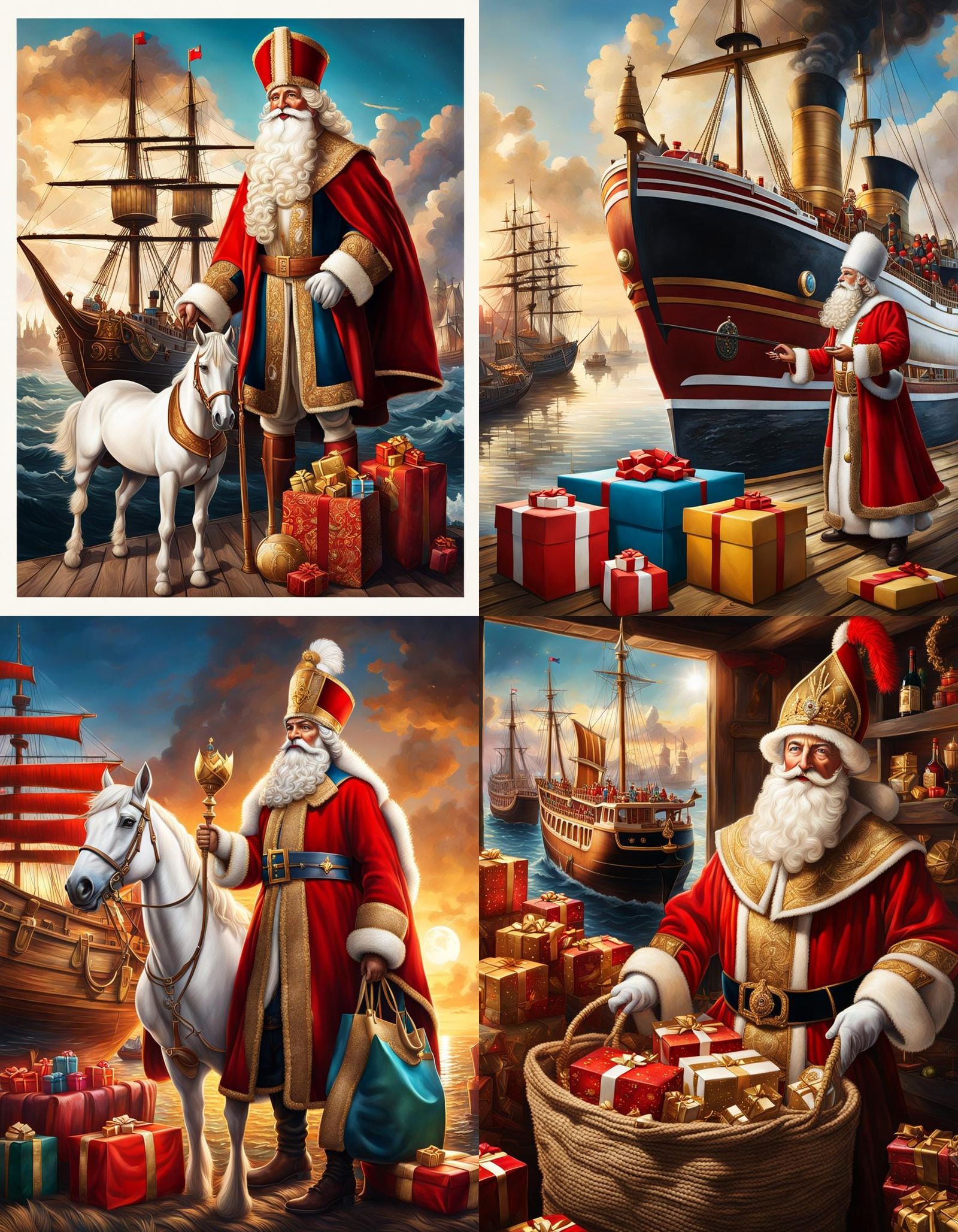 Festive Sinterklaas Scene with Presents and Steamship