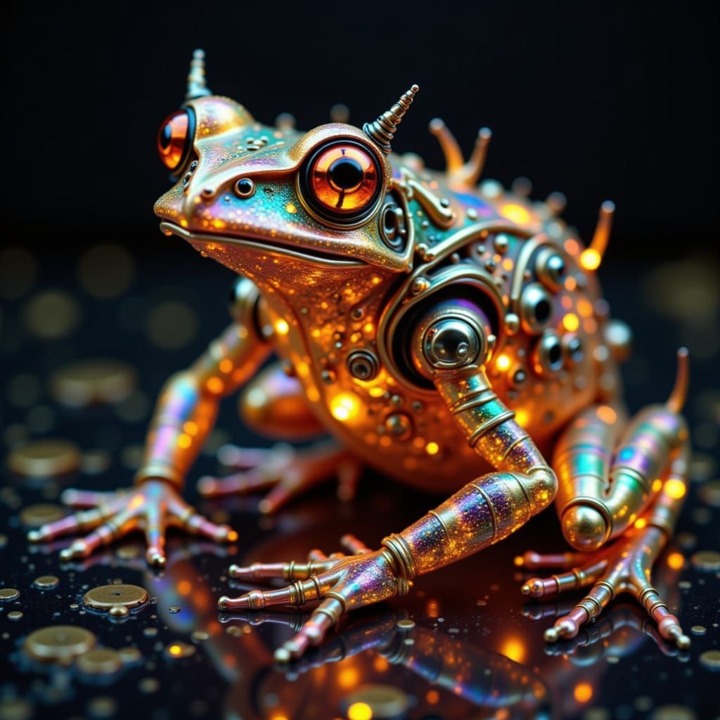 Steampunk Cybernetic Frog With Visible Clockwork Innards