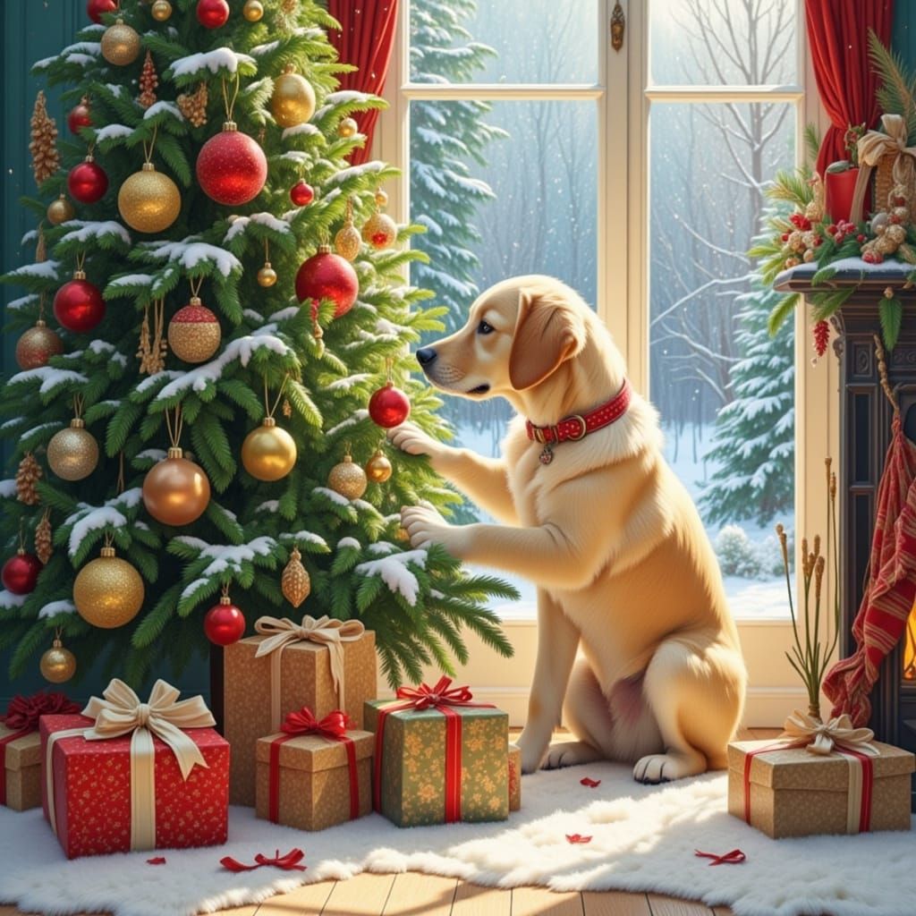 Labrador Puppy Christmas Morning by Cozy Fire